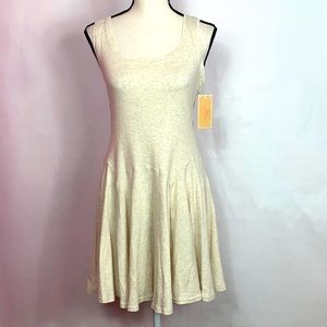 Copper Key sleeveless raw hem, oatmeal colored fitted top, flowy bottom dress.